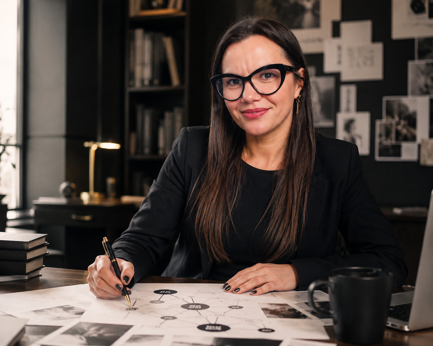 Liliana Mitroi seduta alla scrivania nel suo studio mentre lavora su una mappa strategica