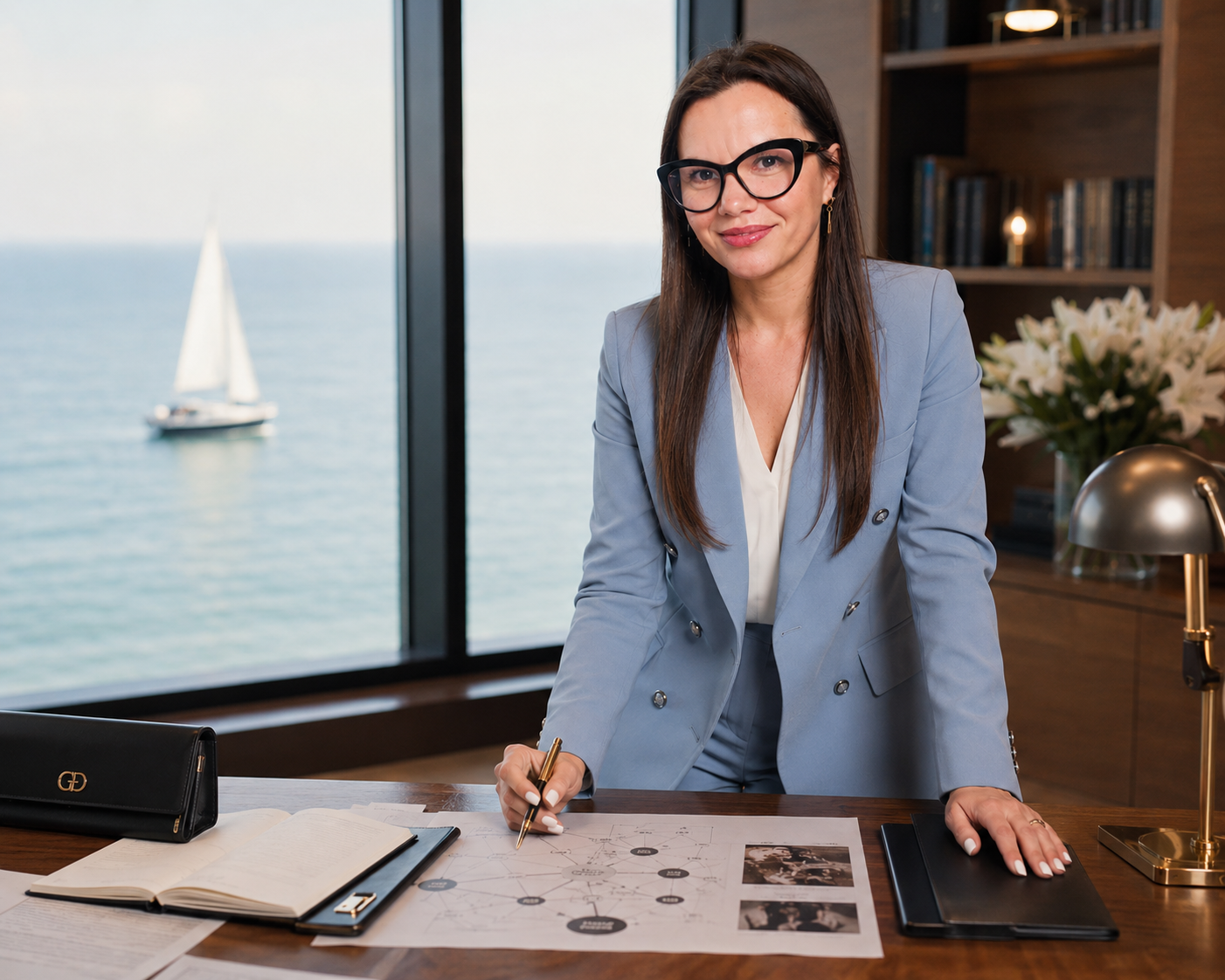 Liliana Mitroi in piedi alla scrivania del suo studio con vista sul mare